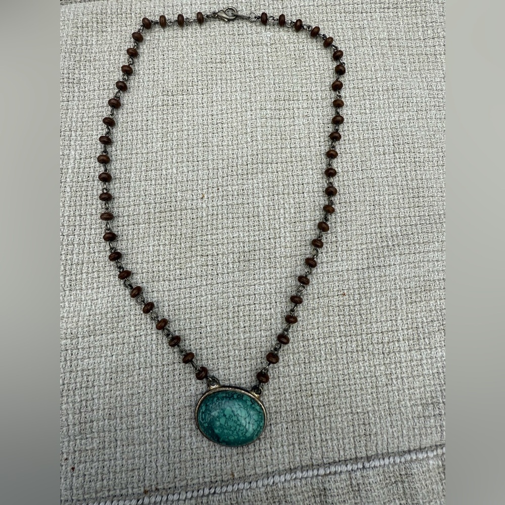 Brown Beaded Necklace with Turquoise Pendant